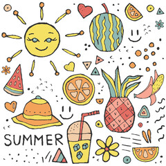 Summer Hand drawn Vector Illustrations - sun, watermelon, ice cream, pineapple, fruits, palm leaves and more.