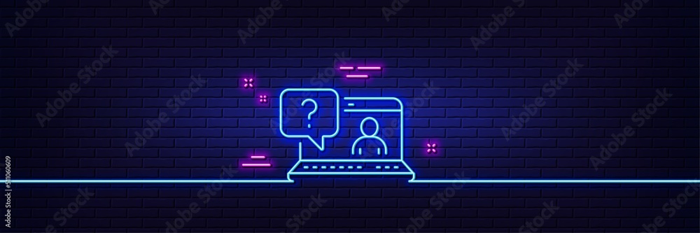 Poster neon light glow effect. question mark line icon. online faq support sign. 3d line neon glow icon. br