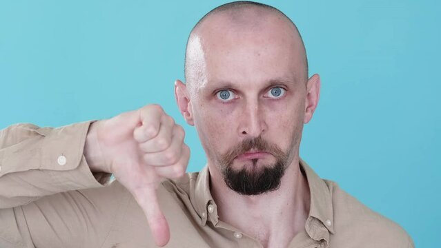 Yes no. Like dislike gesture. Boomerang animation. Bad good idea. Mood swing. Unsure fun man changing mind with thumb up down opposite reaction gif loop isolated on blue.