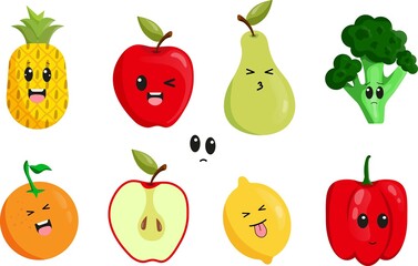 Vector set flat illustration of a fruits in kawaii style. Cute fruit and berries in manga style.
