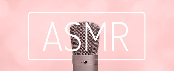 ASMR pink design for podcast background or website banner with text and microphone