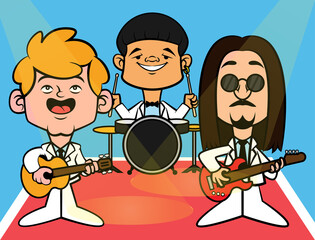 Cartoon illustration of group band wearing formal wear uniform and playing music on the stages, best for decoration, background, and wallpaper with group band themes