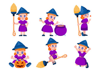 Set of Cute Little Witch Cartoon