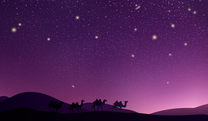 Desert landscape with a caravan of camels. Violet magenta night starry sky over the desert. Vector illustration - obrazy, fototapety, plakaty