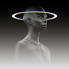 Abstract black and white illustration from 3D rendering of female bust figure with white halo light ring on dark gradient background.