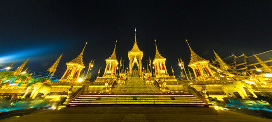The night view of Phra Merumas (Golden Crematorium) or Royal Crematorium is where the Royal Urn is...
