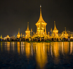 The night view of Phra Merumas (Golden Crematorium) or Royal Crematorium is where the Royal Urn is placed on the pyre (Phra Chittakathan) for the cremation, Bangkok, Thailand.