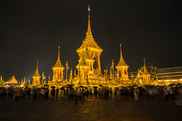 Fototapeta na wymiar The night view of Phra Merumas (Golden Crematorium) or Royal Crematorium is where the Royal Urn is placed on the pyre (Phra Chittakathan) for the cremation, Bangkok, Thailand.