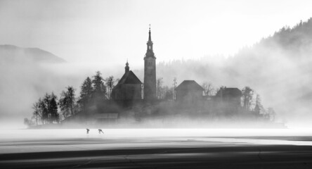 Ice skating on a frozen lake Bled