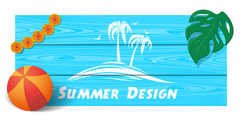 Naklejka premium Summer design. Wooden board with the image of palm trees and a sea wave. Vector illustration
