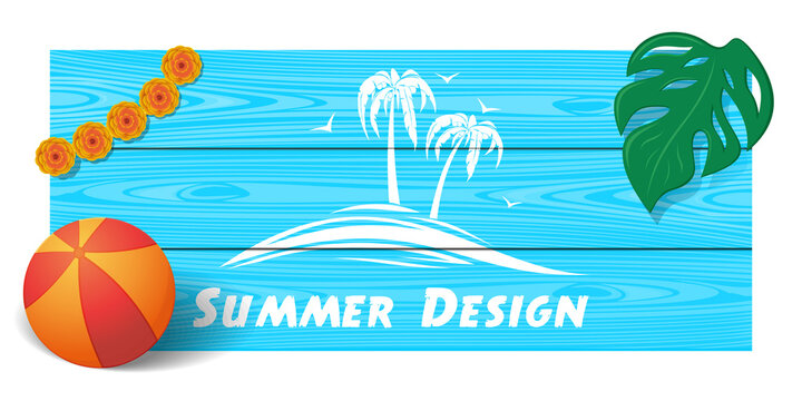 Summer design. Wooden board with the image of palm trees and a sea wave. Vector illustration