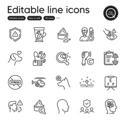 Set of Healthcare outline icons. Contains icons as Dont touch, Veterinary clinic and Shield elements. Medical helicopter, Collagen skin, Electronic thermometer web signs. Thermometer. Vector