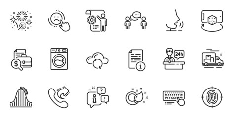 Outline set of Share call, Dislike and Fireworks line icons for web application. Talk, information, delivery truck outline icon. Vector