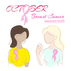 Two women with pink ribbons in contours on a white background and an inscription for Breast Cancer Awareness Month