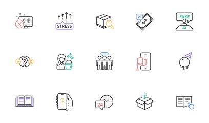 Cleaning, Ask question and Stress grows line icons for website, printing. Collection of Quiz test, Read instruction, Ice cream icons. Employees group, Get box, Education web elements. Vector