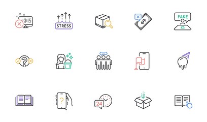 Cleaning, Ask question and Stress grows line icons for website, printing. Collection of Quiz test, Read instruction, Ice cream icons. Employees group, Get box, Education web elements. Vector