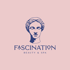 Fascination Beauty and SPA Abstract Vector Sign, Symbol, Logo Template. Hand Drawn Antique Greek Lady Statue Head Illustration with Classy Typography. Health Care Services Emblem Isolated