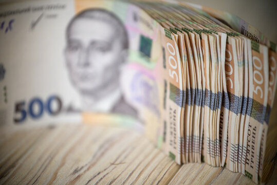 Stack of ukrainian money hryvnia grivna, hryvna with 500 banknotes