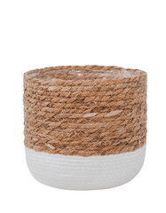 Empty trendy design handwoven seagrass and cotton belly basket can use as cachepot. Round storage...