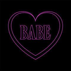 Line pink heart with babe lettering. Y2K card.Neon illustration on black background