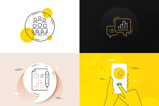 Minimal set of Report document, Graph chart and Group people line icons. Phone screen, Quote banners. Euler diagram icons. For web development. Growth chart, Growth report, Business meeting. Vector