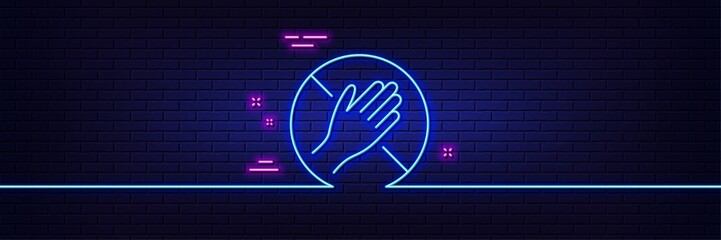 Neon light glow effect. Dont touch line icon. Hand warning sign. Hygiene notification symbol. 3d line neon glow icon. Brick wall banner. Dont touch outline. Vector