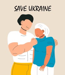 Fototapeta premium Sad people in clothes Ukrainian colors flag in war, support Ukraine vector banner for web, poster.