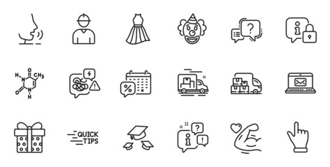 Outline set of Engineer, Stress and Gift box line icons for web application. Talk, information, delivery truck outline icon. Include Discounts calendar, Dress, Education icons. Vector