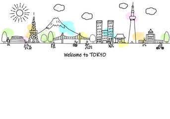 東京の観光地の街並みと人々のシンプル線画イラスト