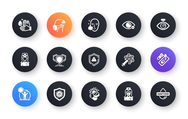 Minimal set of Shields, Coronavirus pills and Coronavirus protection flat icons for web development. Medical mask, Covid test, Oculist doctor icons. Wash hands, Healthy face. Vector