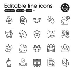 Set of People outline icons. Contains icons as Love couple, Hold heart and Middle finger elements. Love letter, Video conference, Teamwork web signs. People chatting. Outline love couple icon. Vector