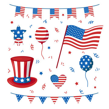 Vector set for Independence day. American flag. Collection with USA flags, hat and ballons. USA celebration.