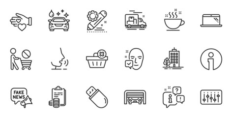 Outline set of Dj controller, Accounting and Project edit line icons for web application. Talk, information, delivery truck outline icon. Vector