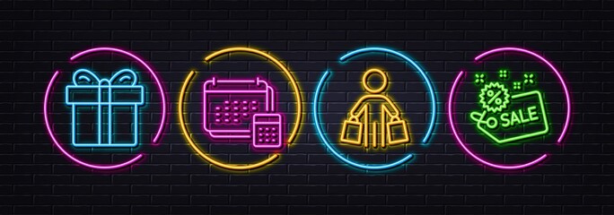 Gift box, Account and Buyer minimal line icons. Neon laser 3d lights. Sale icons. For web, application, printing. Present package, Calculate budget, Shopping customer. Shopping tag. Vector