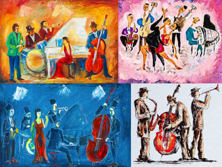 oil painting, music band, couple dance, 4 in 1