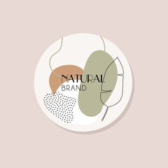 Modern logo with tropical leaf, spots and dots. Logo for beauty salon, natural cosmetics, emblem, label. Minimalistic design. Natural brand. Hand drawn vector.