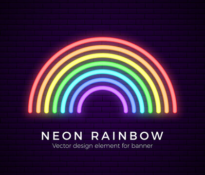 Neon glowing rainbow. Tolerance day banner on bricks wall. LGBT tolerance concept