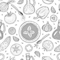 Seamless pattern with vegetables. Ingredients for soup. Tomato, basil, garlic, pepper. Vector illustration. Doodle monochrome outline