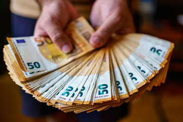A bunch of fifty euro bills held by hand by one person.