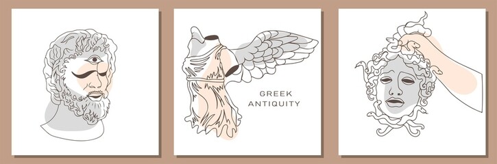 Antiquity. Greek ancient sculpture collection in a trendy modern style. Architectural graphic design elements. Greek sculpture trippy. Vector  design for posters, shopping bags, shops, books, postcard