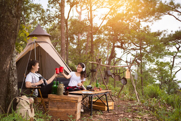 camping concept, Group of diverse friends enjoying summer party together