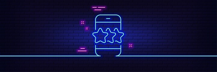 Neon light glow effect. Star line icon. Feedback rating phone sign. Customer satisfaction symbol. 3d line neon glow icon. Brick wall banner. Star outline. Vector