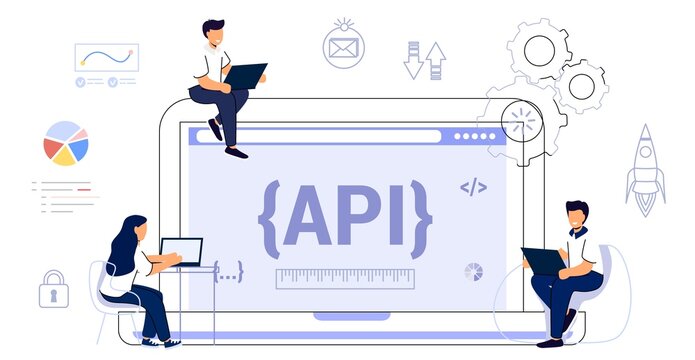 API Application Programming Interface Software development tool API as a symbol of finished code Website programming and coding Vector illustration flat design UI Isolated on white background