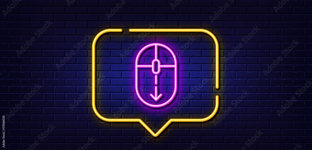 Poster neon light speech bubble. scroll down mouse line icon. scrolling screen sign. swipe page. neon light