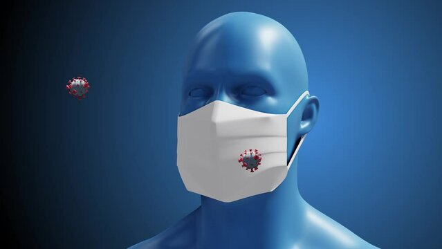 Multiple covid-19 cells floating over human face model wearing face mask against blue background