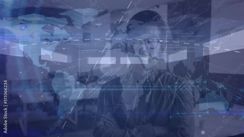 Aufkleber animation of data processing and world map over biracial businessman in office