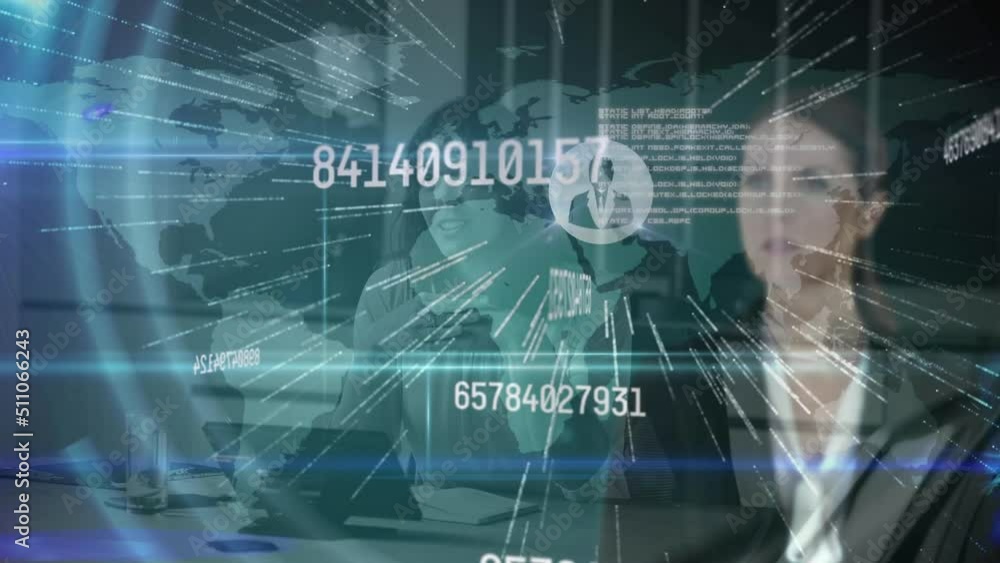 Poster animation of data processing and world map over diverse business people in office