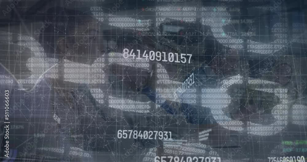 Poster animation of network of connections and data processing over diverse business people in office