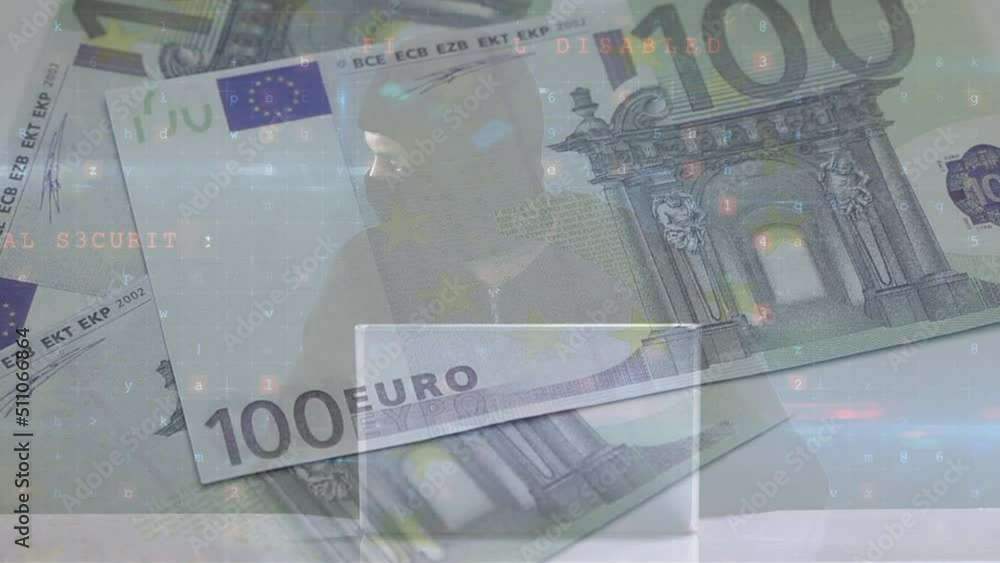 Poster animation of data processing over caucasian male hacker and banknotes