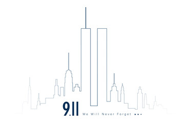 Vector Illustration of 911 Patriot Day. New York city skyline with Twin Towers. September 11, 2001 National Day of Remembrance. World Trade Centre. We will never forget.  - obrazy, fototapety, plakaty